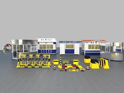 Security Booths Traffic Barriers And Yellow Warning Equipment Setup Scene 3d model