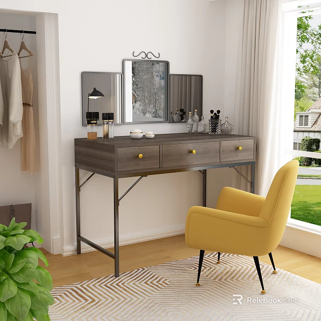 Modern Wooden Vanity With Golden Handles Mirror And Yellow Armchair In Bright Interior 3d model 