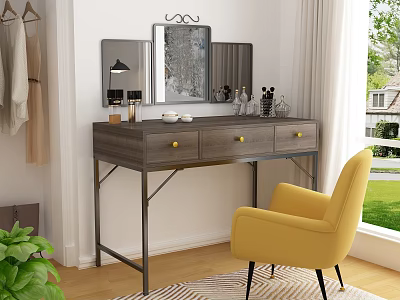 Modern Wooden Vanity With Golden Handles Mirror And Yellow Armchair In Bright Interior 3d model