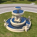 Classical Garden Fountain with Multi Tiered Structure and Sculptures on Green Lawn Under Blue Sky