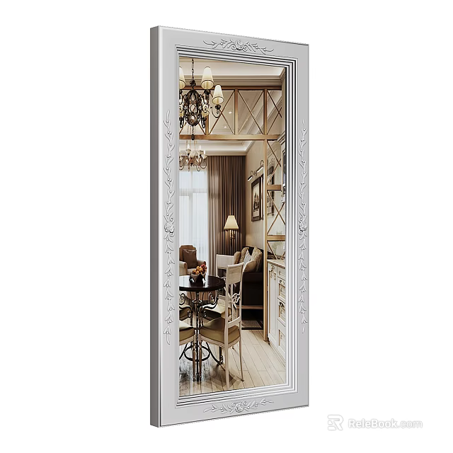 Decorative Framed Mirror Reflecting Elegant Living Room With Chandelier Dining Table And Sofa 3d model 
