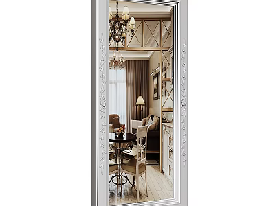 Decorative Framed Mirror Reflecting Elegant Living Room With Chandelier Dining Table And Sofa 3d model