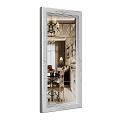 Decorative Framed Mirror Reflecting Elegant Living Room With Chandelier Dining Table And Sofa