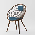 Modern Single Chair with Circular Wooden Frame and Blue Fabric Cushion Backrest