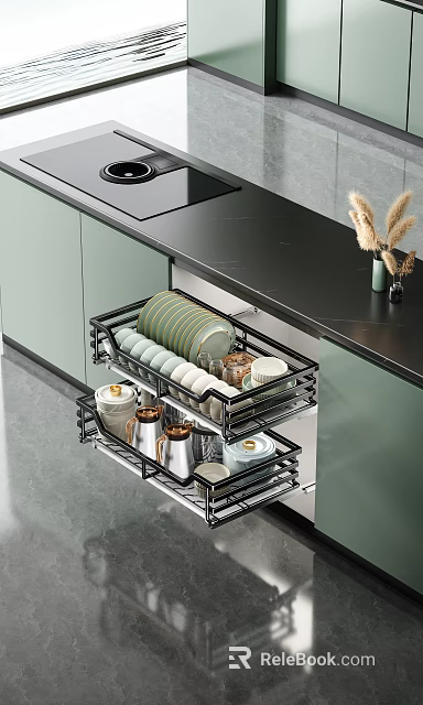 Green Kitchen Cabinets Interior With Black Countertop Organized Drawer Storage For Dishes Cups Jars 3d model 