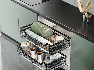 Green Kitchen Cabinets Interior With Black Countertop Organized Drawer Storage For Dishes Cups Jars 3d model