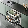 Green Kitchen Cabinets Interior With Black Countertop Organized Drawer Storage For Dishes Cups Jars