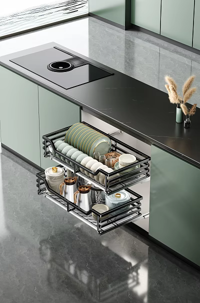 Green Kitchen Cabinets Interior With Black Countertop Organized Drawer Storage For Dishes Cups Jars 3d model