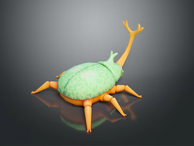 Green Spotted Beetle Toy With Orange Legs And Antler Like Antennae On Black Reflective Surface 3d model