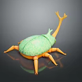 Green Spotted Beetle Toy With Orange Legs And Antler Like Antennae On Black Reflective Surface