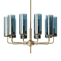Modern Blue Glass Chandelier with Cylindrical Shades and Brass Metal Frame