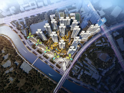 Aerial View Planning Of Modern High Rise Residential Complex With River Road And Green Spaces 3d model