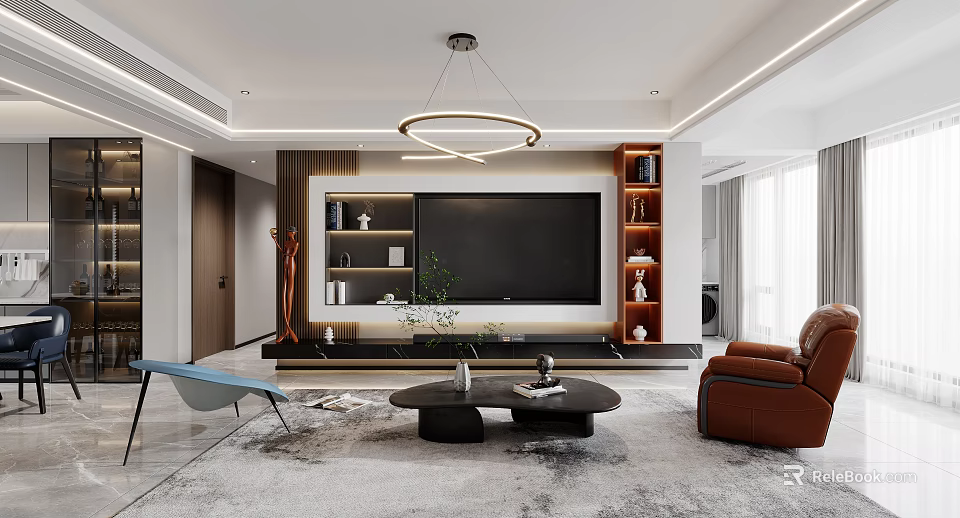 Modern Living and Dining Room Interior With Sofa Coffee Table TV Unit And Decorative Plants 3d model