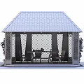 Outdoor Wooden Gazebo With Blue Roof Green Plants Around Table Chairs