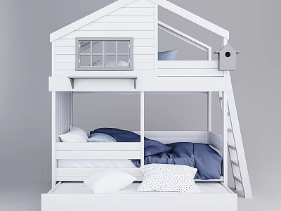 White House Shaped Children's Bed with Bunk Design Window Birdhouse Ladder and Pillows 3d model