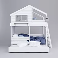White House Shaped Children's Bed with Bunk Design Window Birdhouse Ladder and Pillows