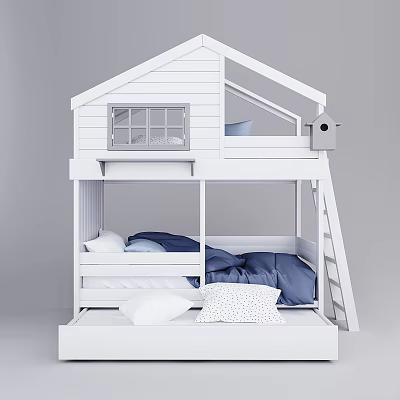 White House Shaped Children's Bed with Bunk Design Window Birdhouse Ladder and Pillows 3d model