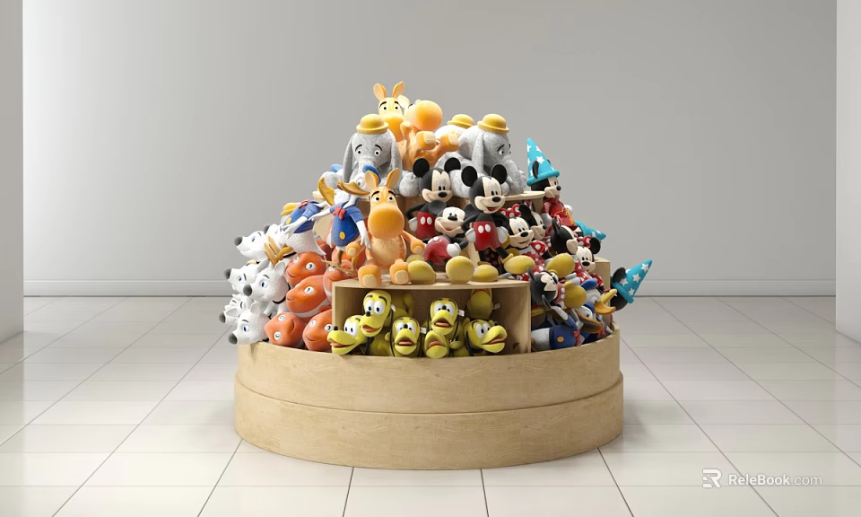 Various Colorful Disney Character Stuffed Toys Stacked In Round Wooden Box 3d model 