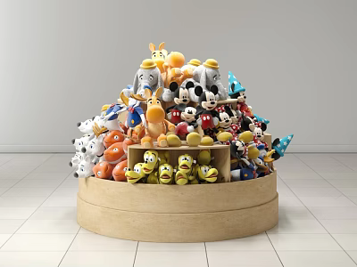 Various Colorful Disney Character Stuffed Toys Stacked In Round Wooden Box 3d model