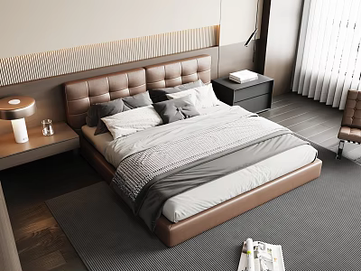 Modern Double Bed with Brown Leather Headboard Gray White Bedding Nightstand Lamp Rug and Window Curtains 3d model