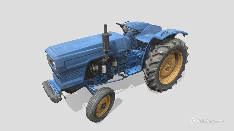 Blue Vintage Tractor With Metal Body Large Yellow Wheels And Exhaust 3d model 