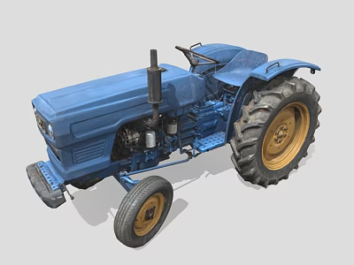 Blue Vintage Tractor With Metal Body Large Yellow Wheels And Exhaust 3d model