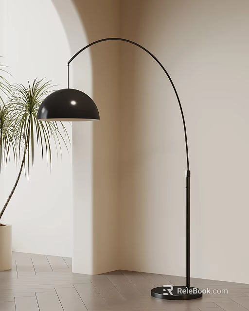 Black Arched Floor Lamp With Dome Shade And Plant Near Light Colored Wall 3d model 