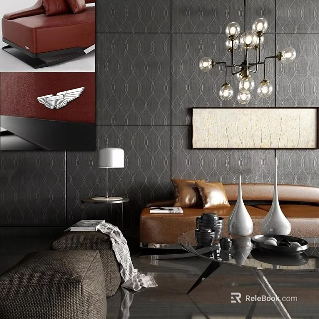 Modern Living Room Interior With Leather Sofa And Coffee Table Set And Chandelier Decorative Painting 3d model 