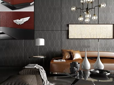 Modern Living Room Interior With Leather Sofa And Coffee Table Set And Chandelier Decorative Painting 3d model