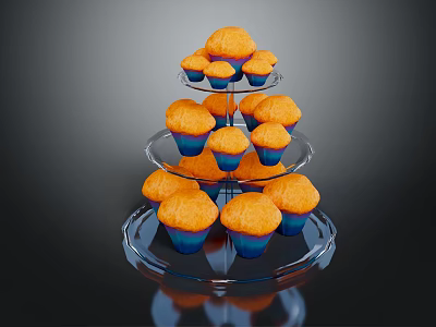 Three Tiered Transparent Glass Cupcake Stand Holding Multiple Orange Cupcakes 3d model