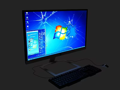 Computer Monitor With Cracked Screen Displaying Windows Logo And Keyboard Mouse 3d model