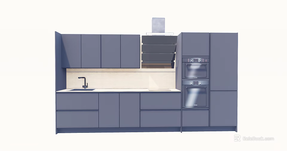 Modern Gray Kitchen Cabinets With Sink Range Hood And Oven Interior 3d model 