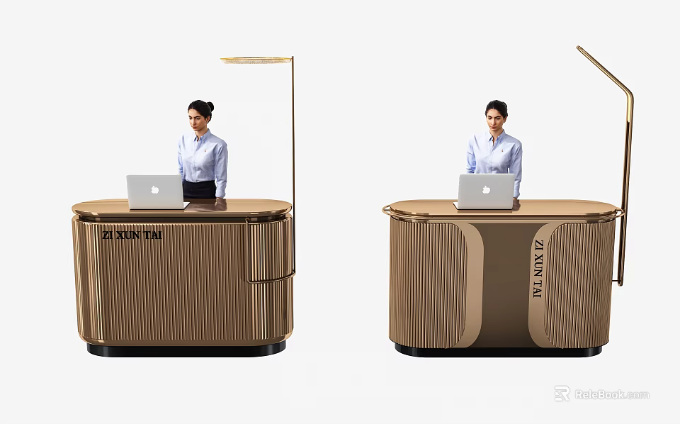 Modern Stylish Reception Desk Brown Textured With Laptop And Staff At Work For EVERYTELL Office 3d model 