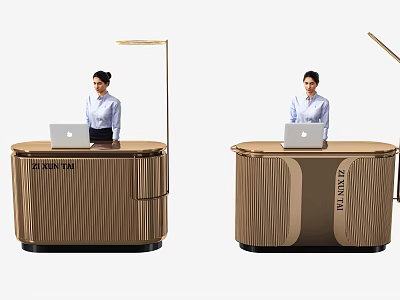 Modern Stylish Reception Desk Brown Textured With Laptop And Staff At Work For EVERYTELL Office 3d model