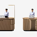 Modern Stylish Reception Desk Brown Textured With Laptop And Staff At Work For EVERYTELL Office
