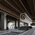 Traditional Cultural Center Interior With Wooden Ceiling Long Corridor Stone Steps And Display Cabinets