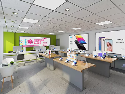 Bright Modern Digital Store Interior With Wooden Display Tables Smartphones And Brand Billboards 3d model