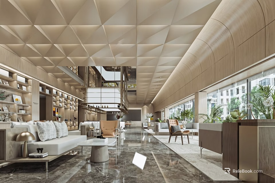 Modern Luxury Leisure Area Interior With Open Layout Sofa Bookshelves Green Plants And Marble Floor 3d model 