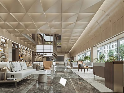 Modern Luxury Leisure Area Interior With Open Layout Sofa Bookshelves Green Plants And Marble Floor 3d model