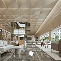 Modern Luxury Leisure Area Interior With Open Layout Sofa Bookshelves Green Plants And Marble Floor