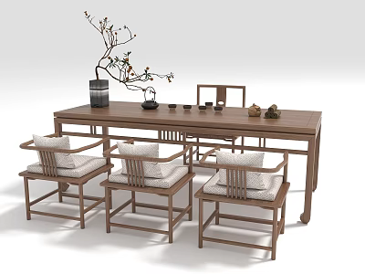 Traditional Wooden Table with Cushioned Chairs and Vase Branches Teacups Decor 3d model