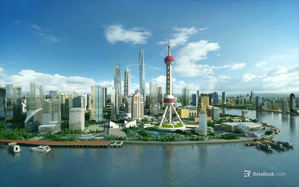Urban Aerial Planning of Shanghai Skyline with Oriental Pearl Tower Skyscrapers and Huangpu River 3d model 