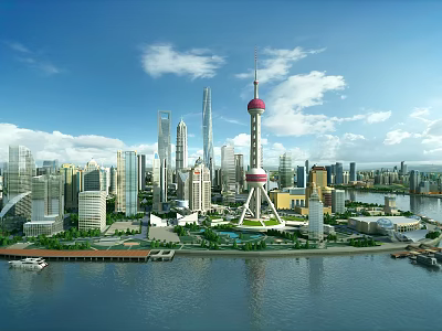 Urban Aerial Planning of Shanghai Skyline with Oriental Pearl Tower Skyscrapers and Huangpu River 3d model