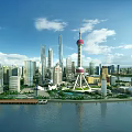 Urban Aerial Planning of Shanghai Skyline with Oriental Pearl Tower Skyscrapers and Huangpu River