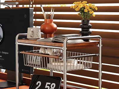 Metal Frame Wooden Top Storage Shelf with Orange Pottery Jar Yellow Flowers and Books 3d model