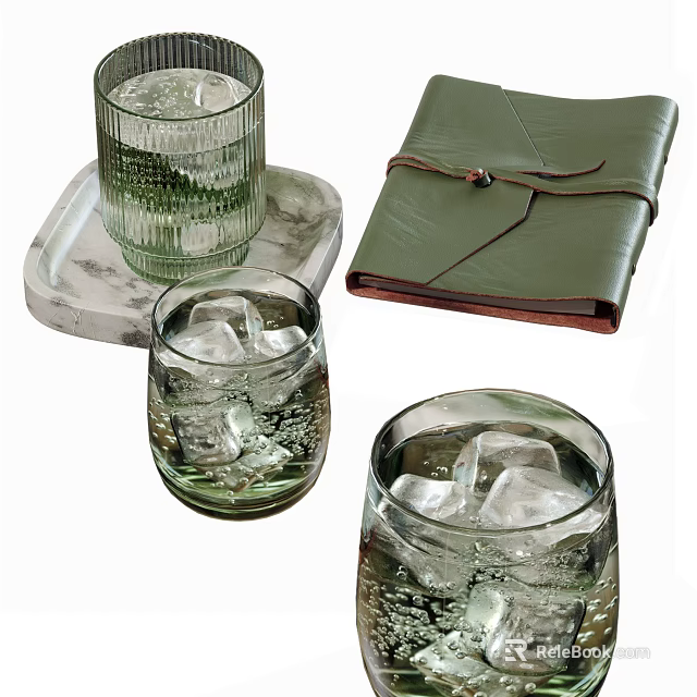 Transparent Glass Cups With Ice Cubes On Marble Tray And Green Leather Notebook 3d model 