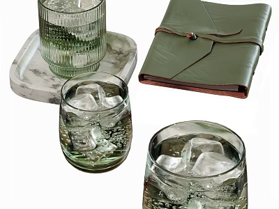 Transparent Glass Cups With Ice Cubes On Marble Tray And Green Leather Notebook 3d model