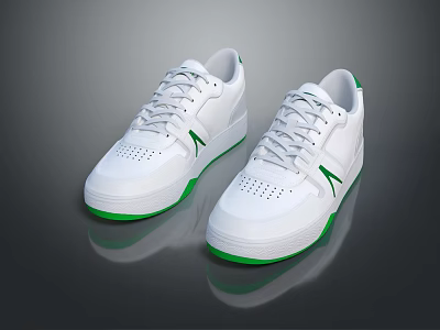 White Athletic Sneakers With Green Accents On Sole And Classic Lace Detail 3d model