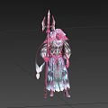 Game Movie Character In Blue Gray Robe With Flowing Edges Holding Upright Spear