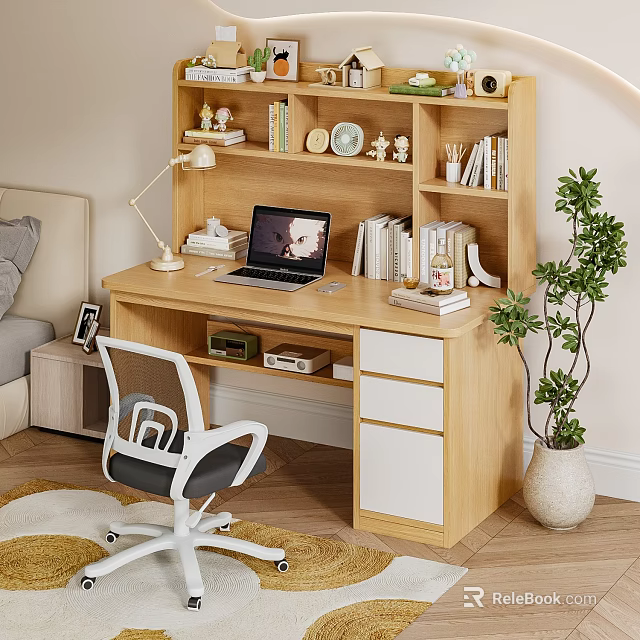 Home Office Wooden Desk and White Chair Set With Laptop Lamp Books and Potted Plant 3d model 